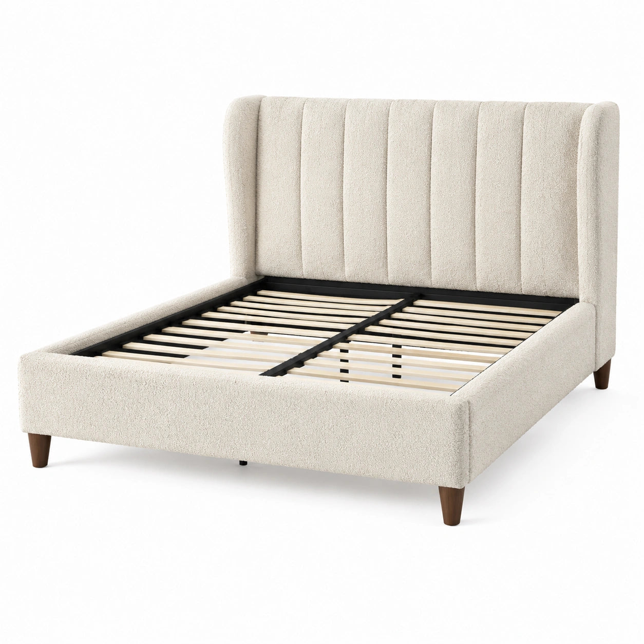 Lit double en tissu bouclé crème avec cadre en bois