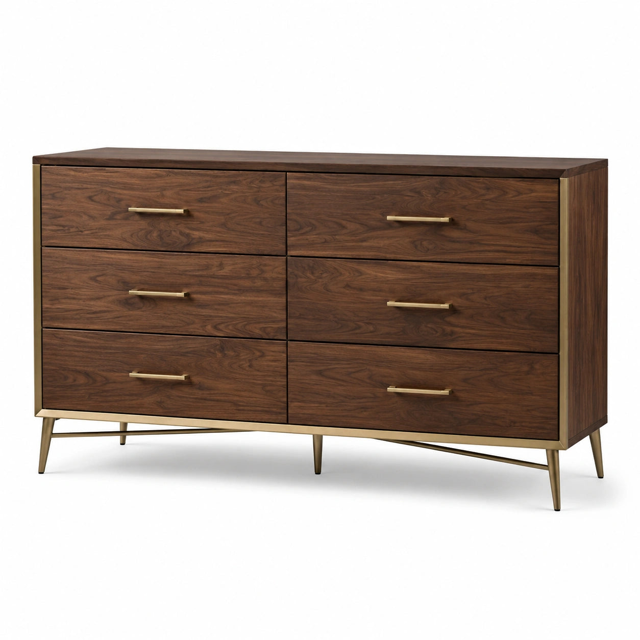 Commode à 6 tiroirs en bois avec poignées métal, noyer