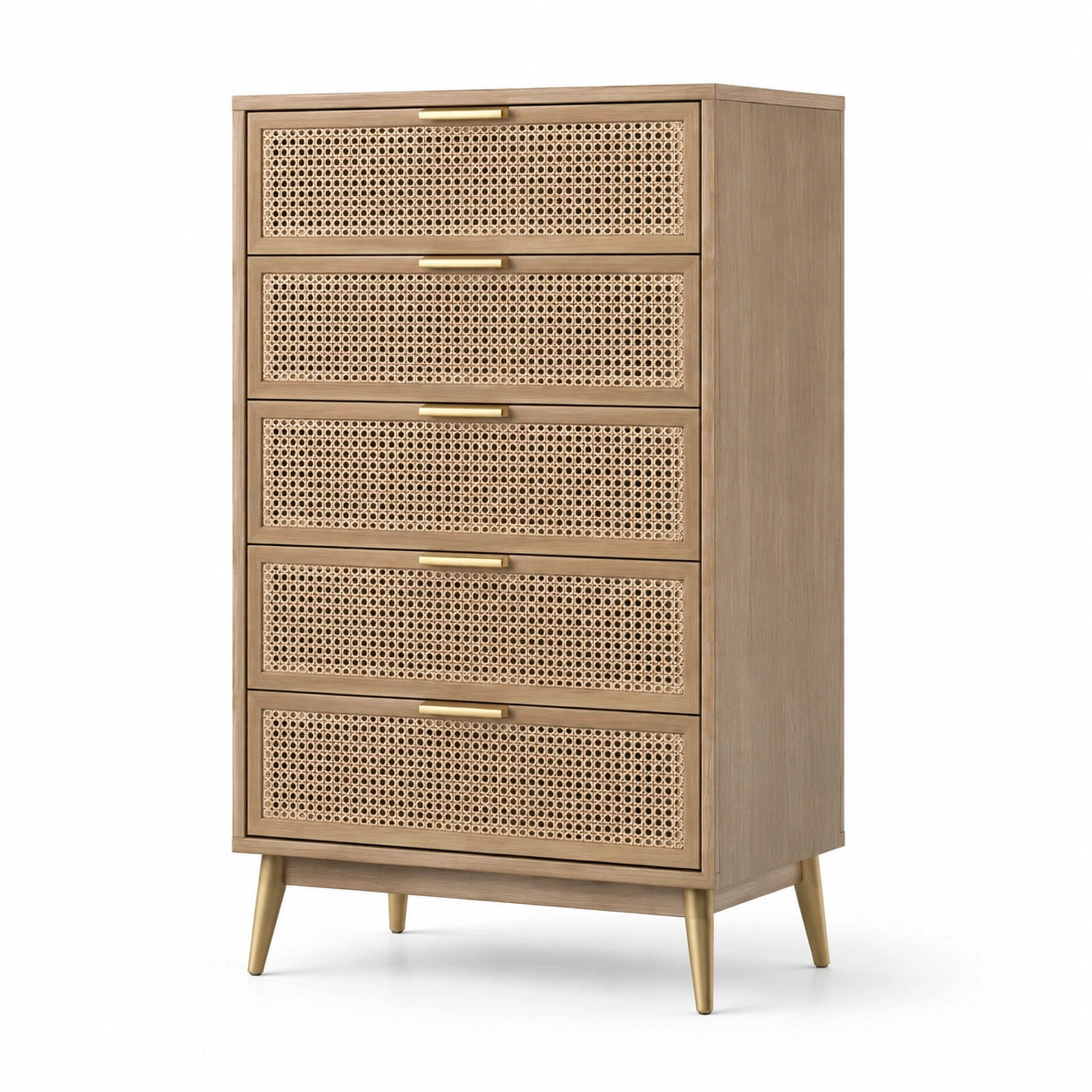 Commode en bois et rotin avec poignées en métal, 75x40x120 cm, chêne clair