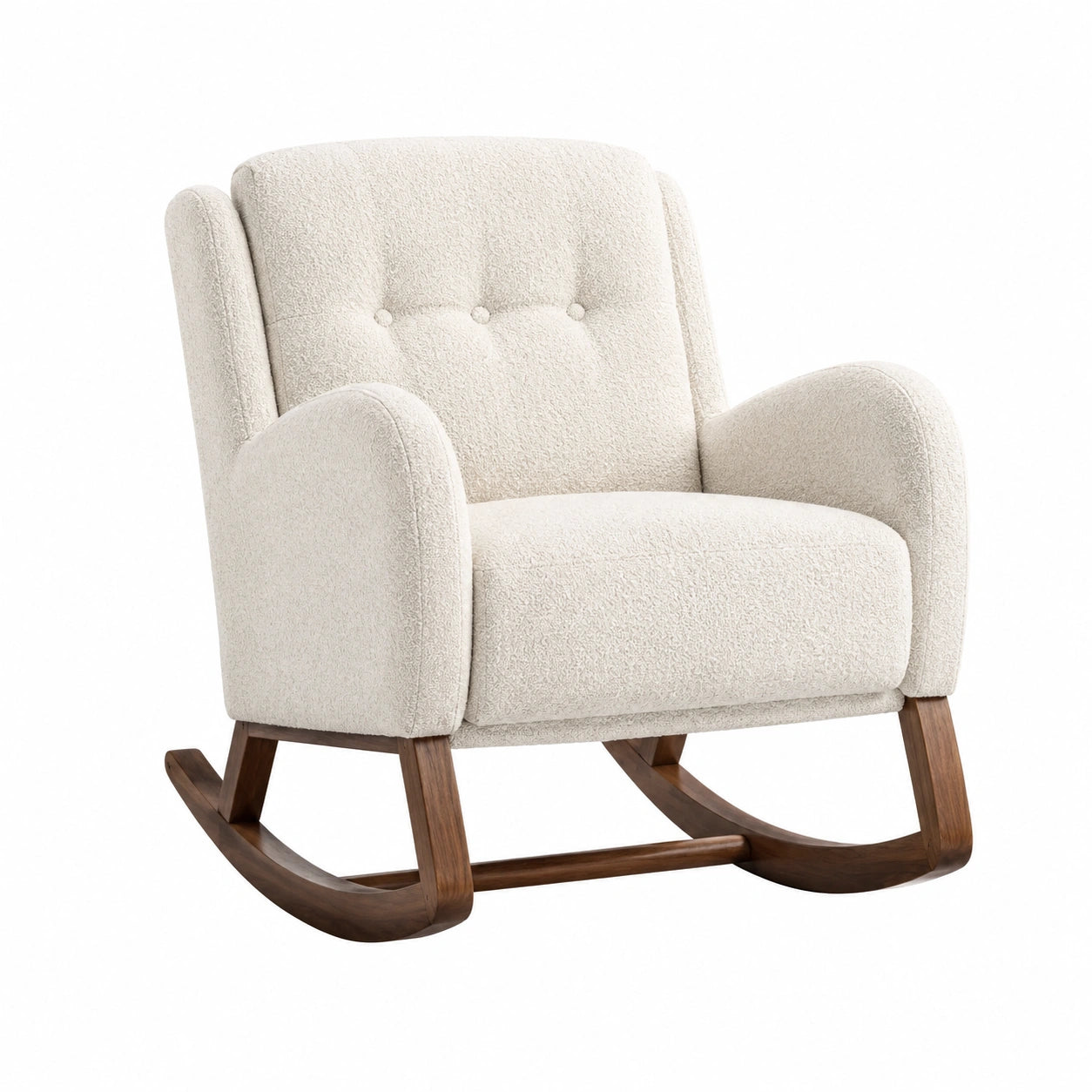 Fauteuil à bascule en bois et tissu bouclé blanc crème